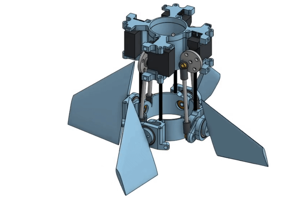 CAD assembly render of the three-fin actuating tab system with embedded servo motors