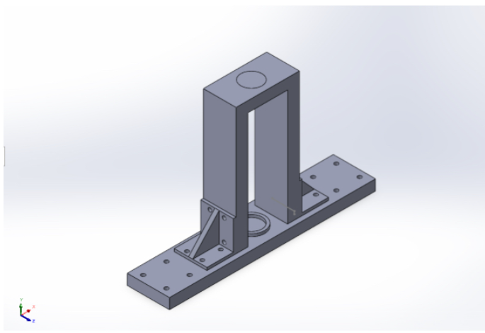 SolidWorks render of the steel rocket motor static-fire test stand, front three-quarter view