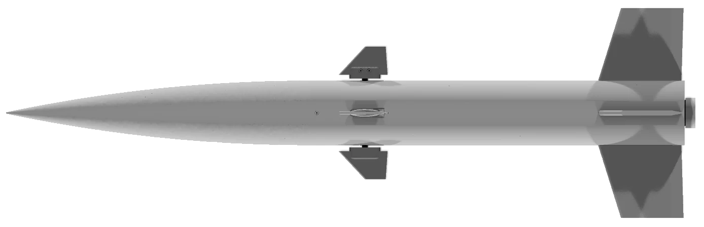 Side profile of Rocket Version 9 showing canard placement relative to the tail fins