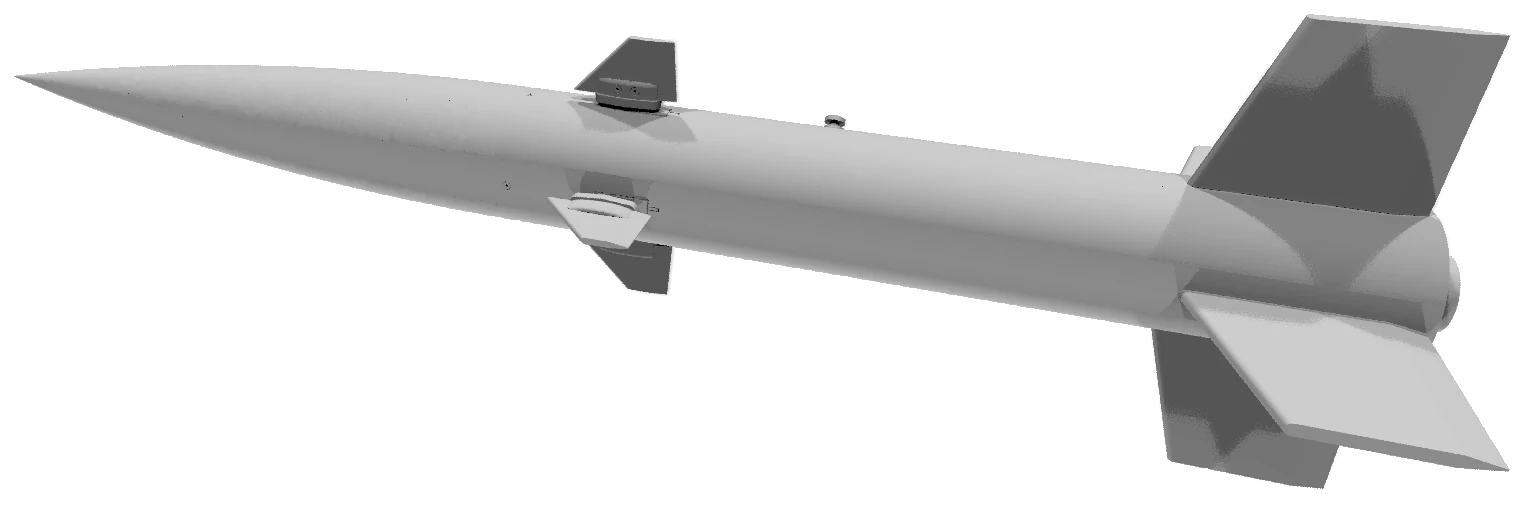 Three-quarter render of the Rocket Version 9 assembly showing the ogive nose cone, forward servo-actuated canards and four tail fins