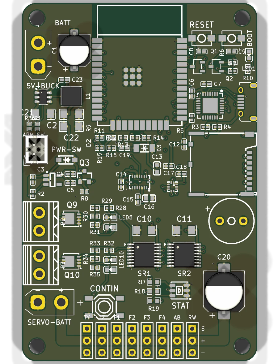 Top-down render of the LRA TVC V5 board showing the ESP32 module, power stage, pyro drivers and shift registers